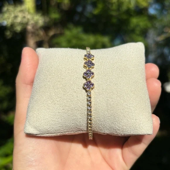 18K Gold Plated Stainless Steel Lilac Purple Diamond Flower Bracelet - Picture 2 of 5
